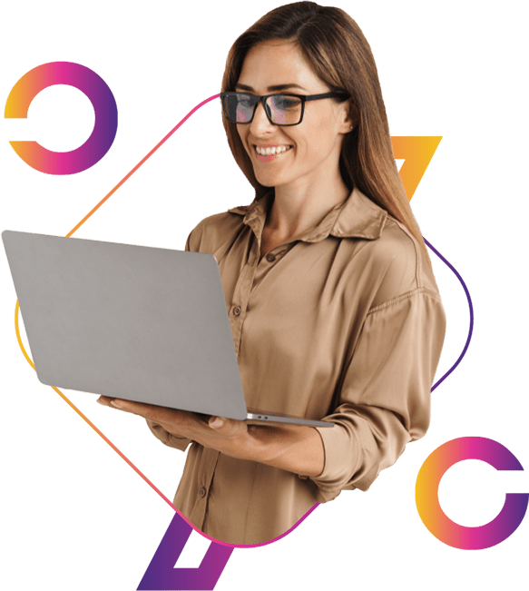 Young business woman holding an open laptop.
